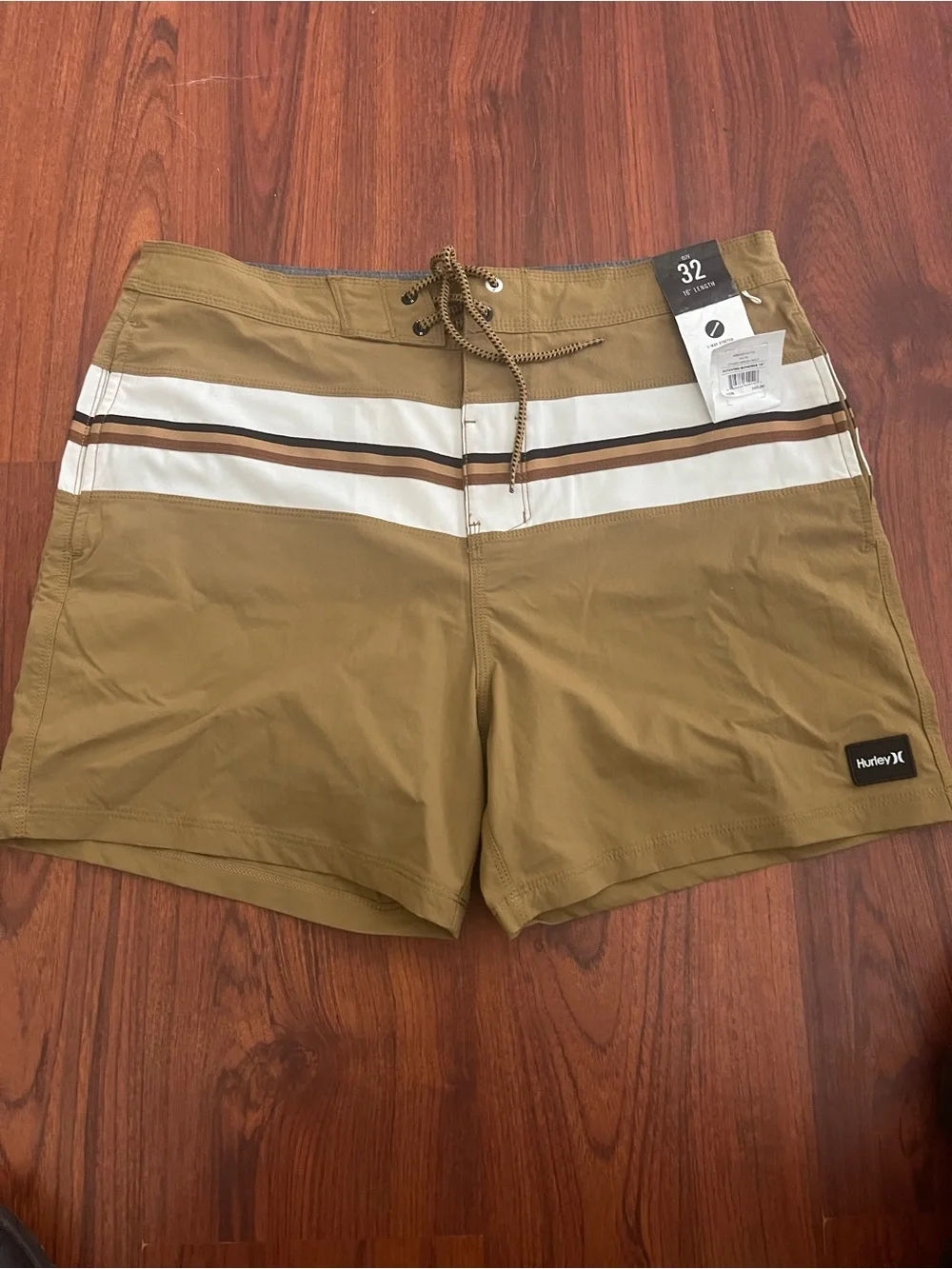 Hurley Men's Khaki Swim Shorts with White and Brown Stripes